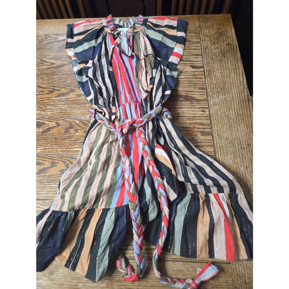 Apiece Apart multi color striped short sleeve rope belt dress sz 4